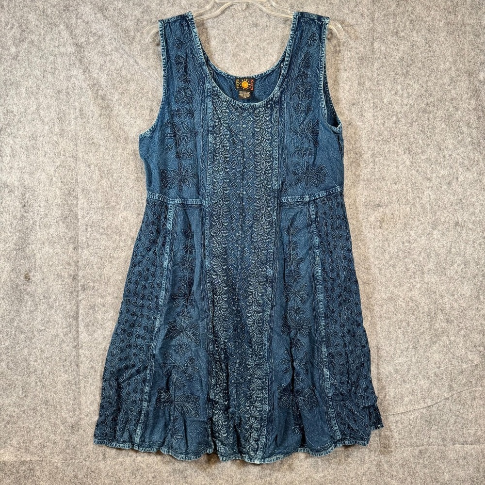 Raya Sun Dress Womens 1X Blue Faux Denim Embroidered Boho Tie Back Boho